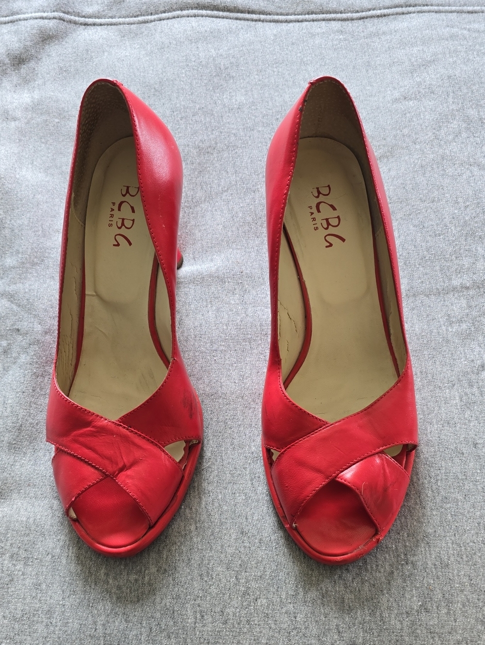 BCBG Paris Red Leather Peep-Toe Pumps with Crossover Detail